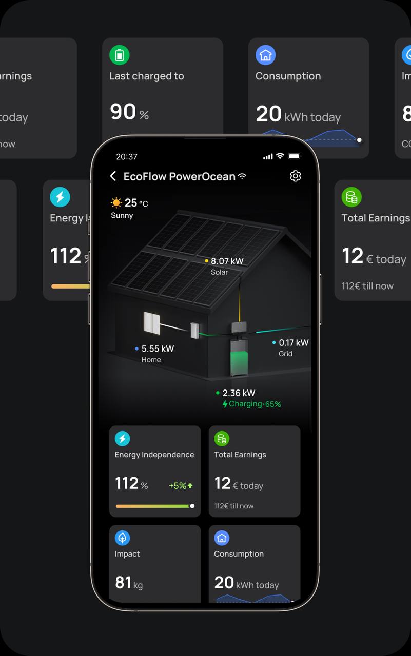 Live solar and battery monitoring app showing home usage and grid flow
