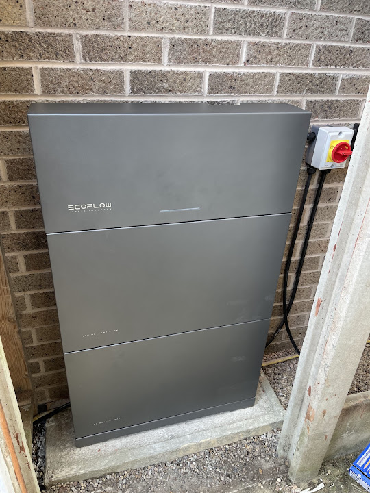 EcoFlow battery storage mounted beside external isolation equipment